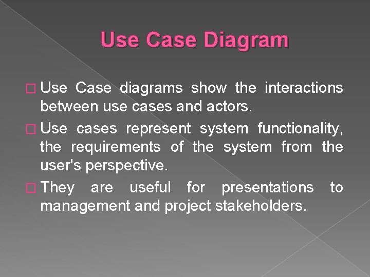 Use Case Diagram � Use Case diagrams show the interactions between use cases and Use Case Diagram � Use Case diagrams show the interactions between use cases and