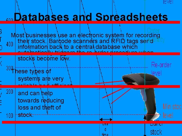 Databases and Spreadsheets Most businesses use an electronic system for recording their stock. Barcode