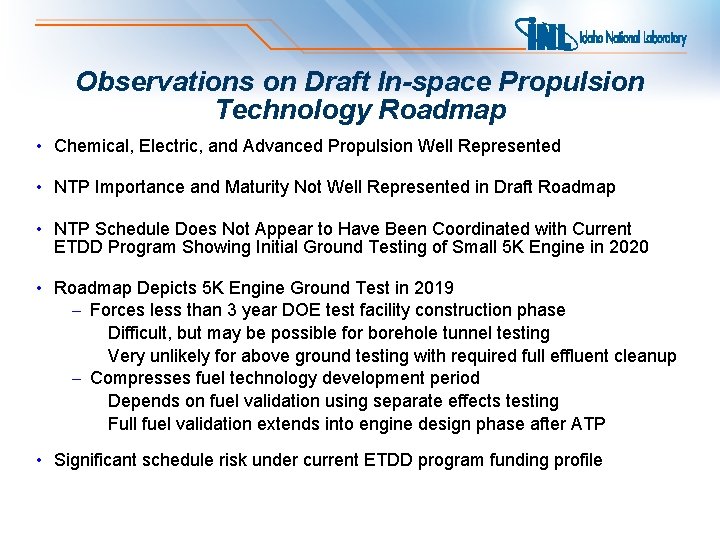 Observations on Draft In-space Propulsion Technology Roadmap • Chemical, Electric, and Advanced Propulsion Well