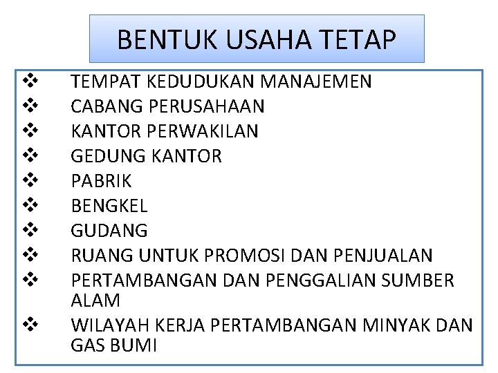 BENTUK USAHA TETAP v v v v v TEMPAT KEDUDUKAN MANAJEMEN CABANG PERUSAHAAN KANTOR BENTUK USAHA TETAP v v v v v TEMPAT KEDUDUKAN MANAJEMEN CABANG PERUSAHAAN KANTOR