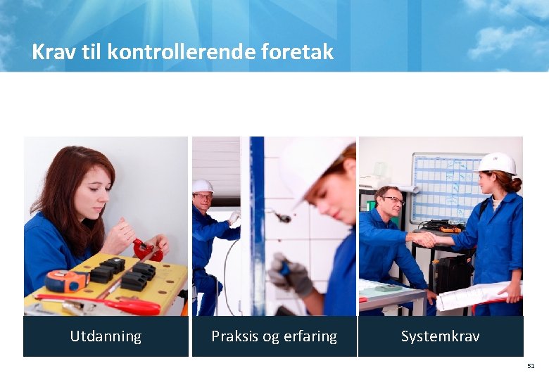 Krav til kontrollerende foretak Utdanning Praksis og erfaring Systemkrav 51 