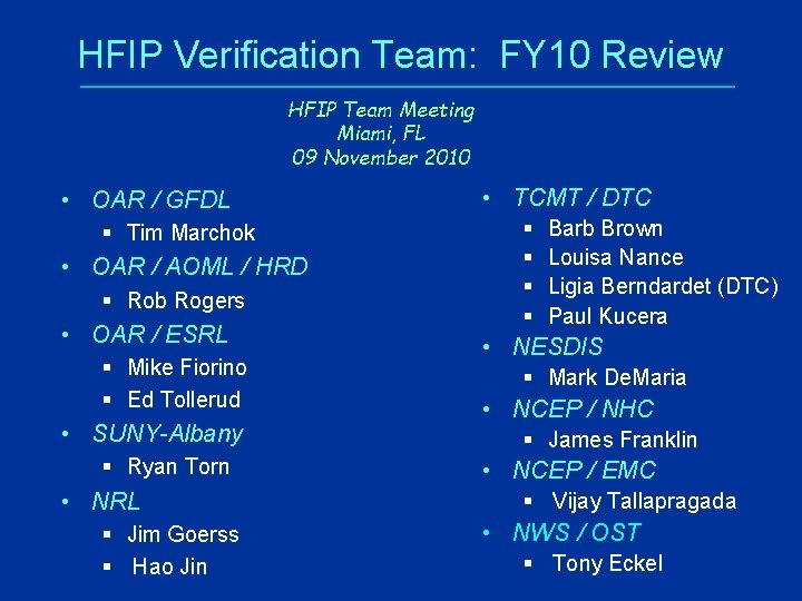 HFIP Verification Team: FY 10 Review HFIP Team Meeting Miami, FL 09 November 2010