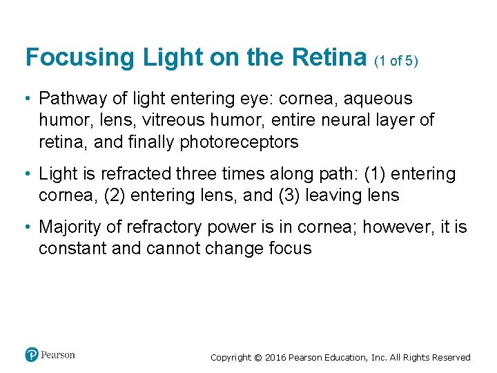 Focusing Light on the Retina (1 of 5) • Pathway of light entering eye: