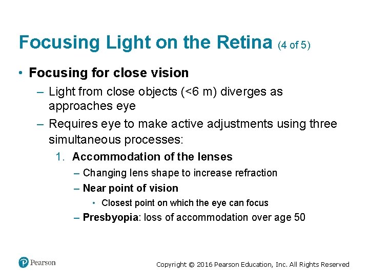 Focusing Light on the Retina (4 of 5) • Focusing for close vision –