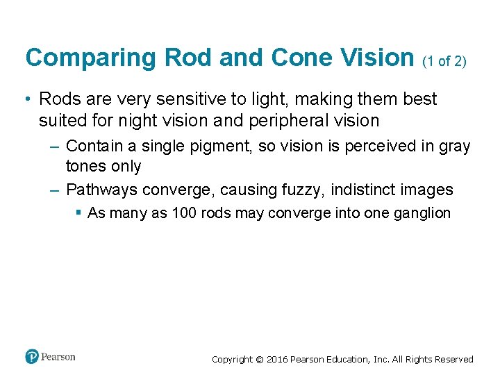 Comparing Rod and Cone Vision (1 of 2) • Rods are very sensitive to