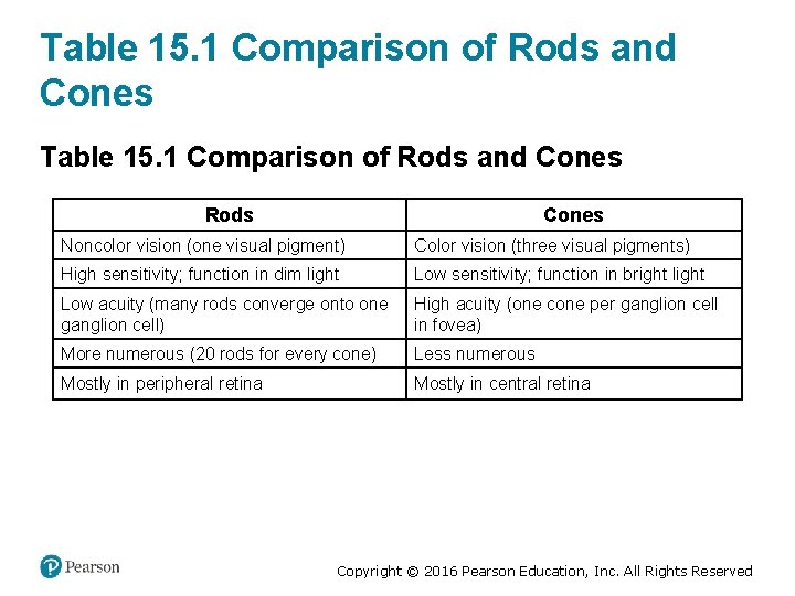 Table 15. 1 Comparison of Rods and Cones Rods Cones Noncolor vision (one visual