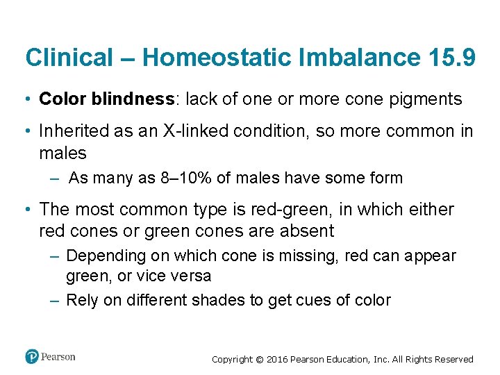 Clinical – Homeostatic Imbalance 15. 9 • Color blindness: lack of one or more