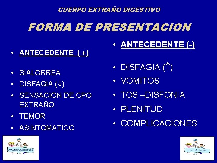 CUERPO EXTRAÑO DIGESTIVO FORMA DE PRESENTACION • ANTECEDENTE ( +) • SIALORREA • DISFAGIA