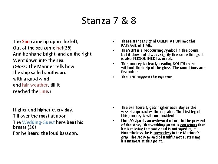 Stanza 7 & 8 The Sun came up upon the left, Out of the