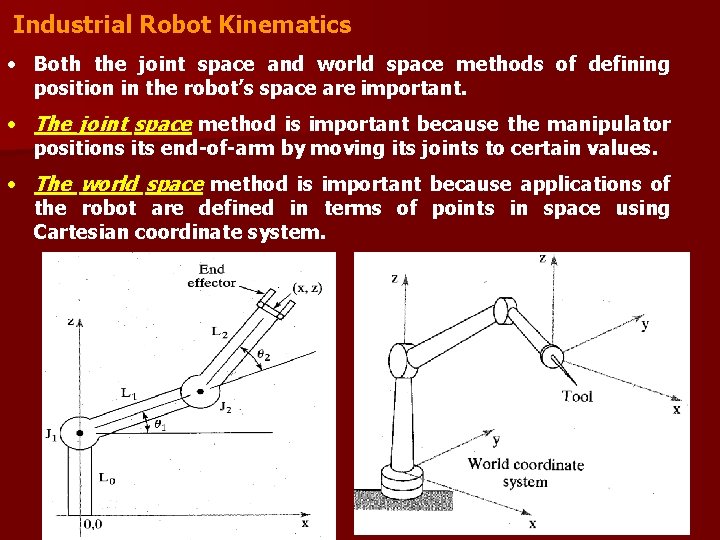 Industrial Robot Kinematics • Both the joint space and world space methods of defining