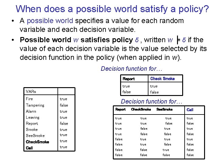 When does a possible world satisfy a policy? • A possible world specifies a