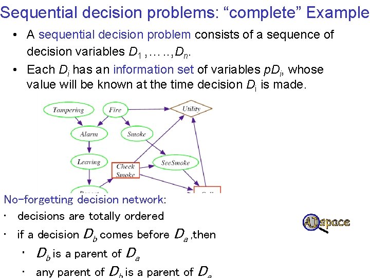 Sequential decision problems: “complete” Example • A sequential decision problem consists of a sequence