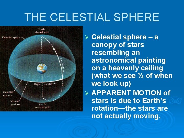 THE CELESTIAL SPHERE Celestial sphere – a canopy of stars resembling an astronomical painting