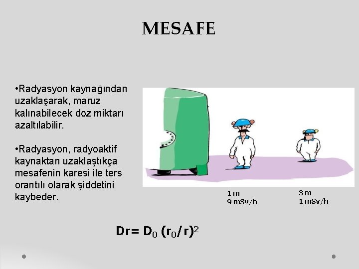 MESAFE • Radyasyon kaynağından uzaklaşarak, maruz kalınabilecek doz miktarı azaltılabilir. • Radyasyon, radyoaktif kaynaktan