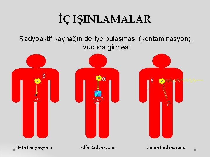 İÇ IŞINLAMALAR Radyoaktif kaynağın deriye bulaşması (kontaminasyon) , vücuda girmesi β -+ -+ -