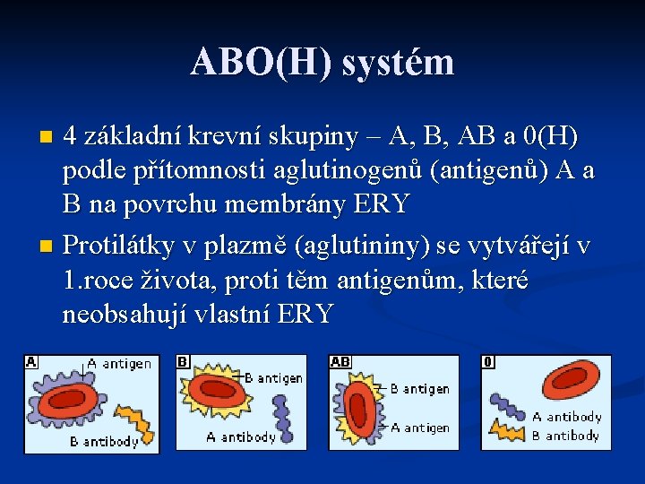ABO(H) systém 4 základní krevní skupiny – A, B, AB a 0(H) podle přítomnosti