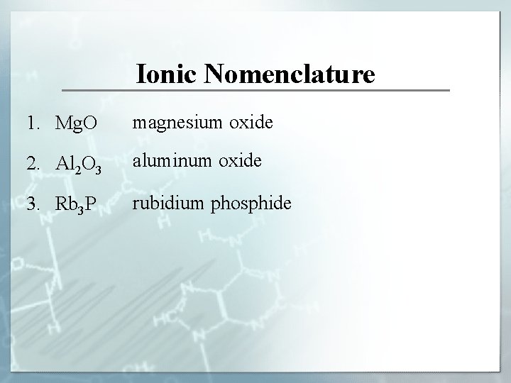 Ionic Nomenclature 1. Mg. O magnesium oxide 2. Al 2 O 3 aluminum oxide