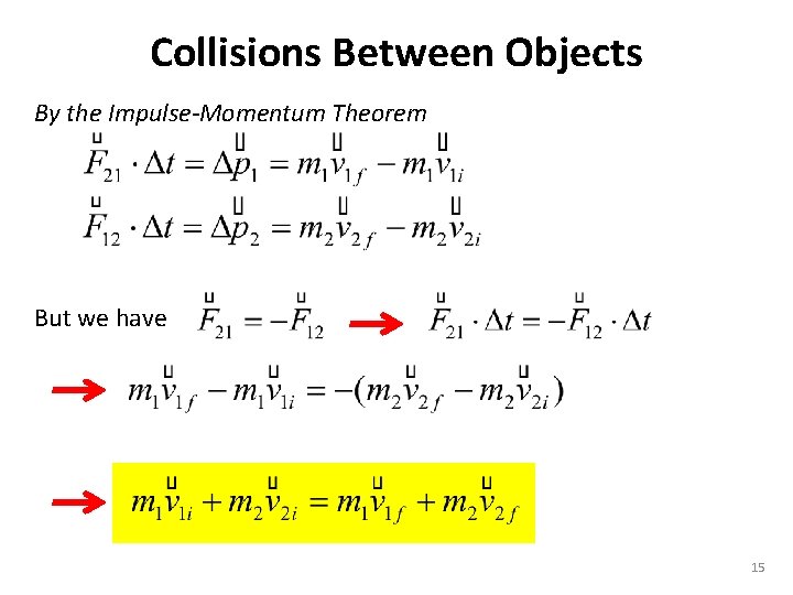 Collisions Between Objects By the Impulse-Momentum Theorem But we have 15 