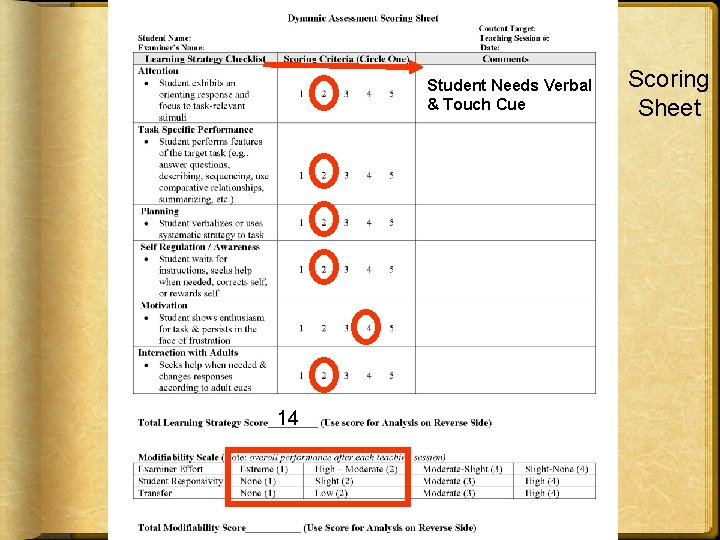 Student Needs Verbal & Touch Cue 14 Scoring Sheet Student Needs Verbal & Touch Cue 14 Scoring Sheet