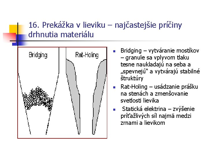 16. Prekážka v lieviku – najčastejšie príčiny drhnutia materiálu n n n Bridging –