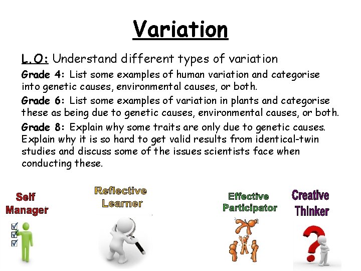 Variation L. O: Understand different types of variation Grade 4: List some examples of