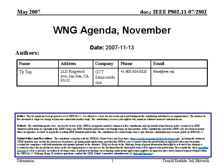 May 2007 doc. : IEEE P 802. 11 -07/2802 WNG Agenda, November Date: 2007