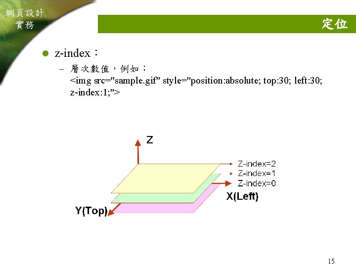 網頁設計 實務 l 定位 z-index： – 層次數值，例如： <img src="sample. gif" style="position: absolute; top: 30;