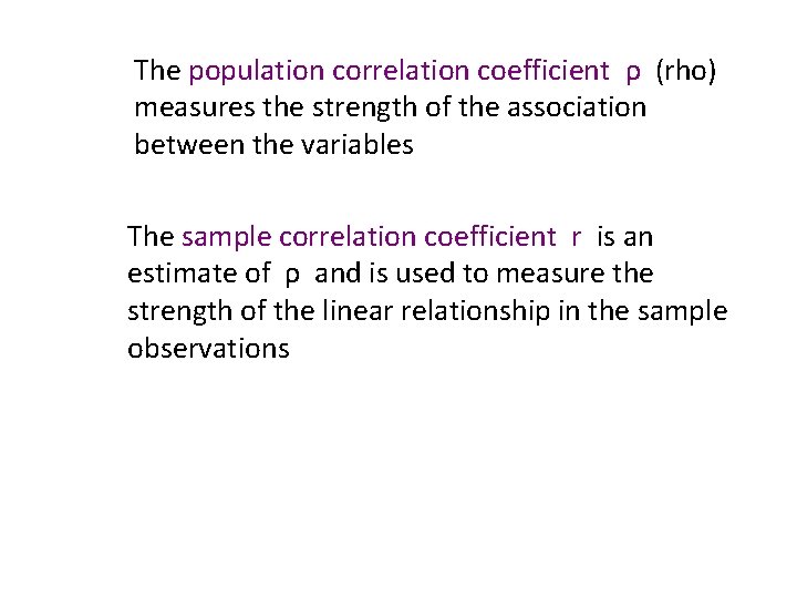 The population correlation coefficient ρ (rho) measures the strength of the association between the