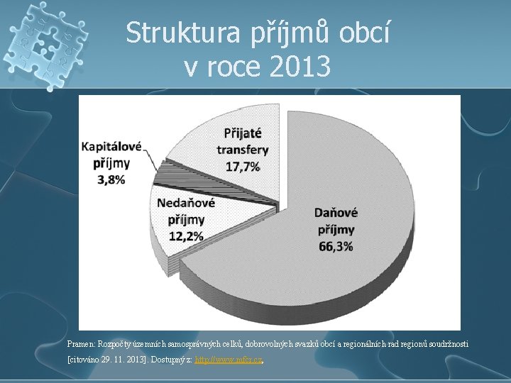 Struktura příjmů obcí v roce 2013 Pramen: Rozpočty územních samosprávných celků, dobrovolných svazků obcí