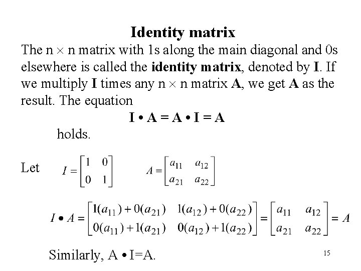 Identity matrix The n n matrix with 1 s along the main diagonal and