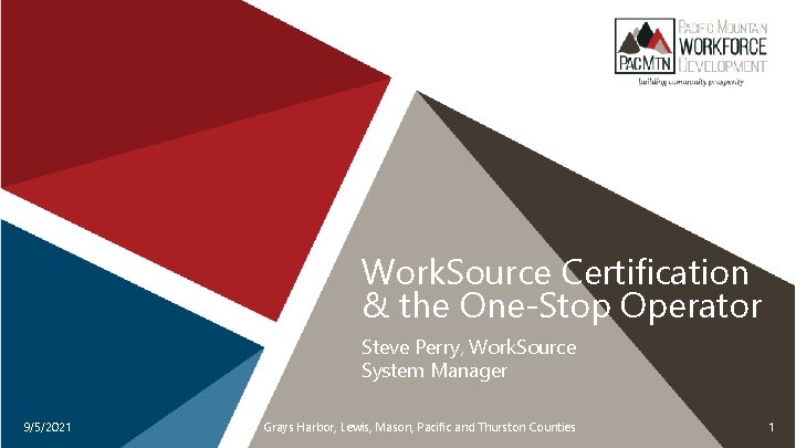 Work. Source Certification & the One-Stop Operator Steve Perry, Work. Source System Manager 9/5/2021