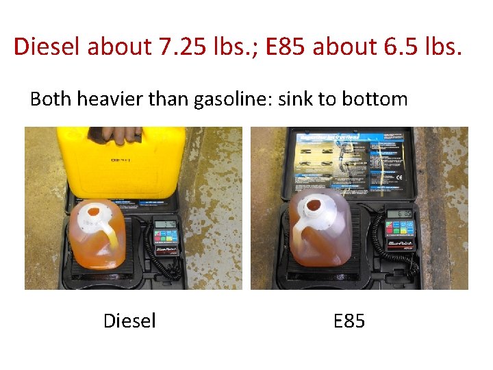 Diesel about 7. 25 lbs. ; E 85 about 6. 5 lbs. Both heavier