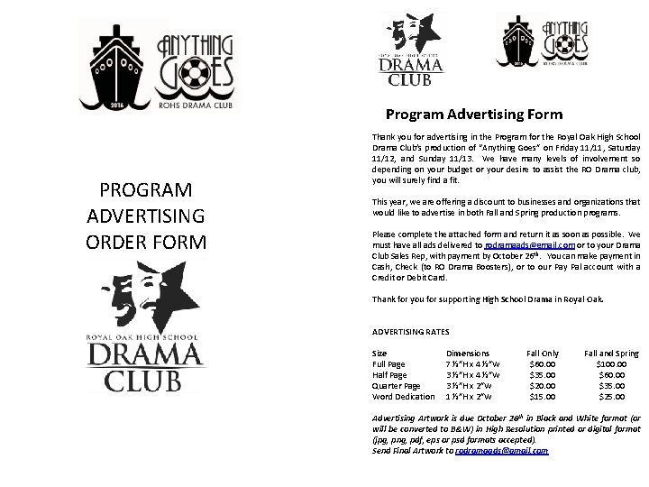Program Advertising Form PROGRAM ADVERTISING ORDER FORM Thank you for advertising in the Program