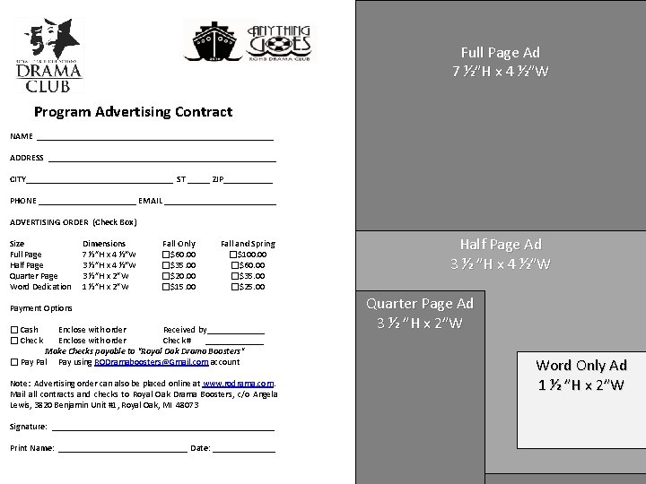 Full Page Ad 7 ½”H x 4 ½”W Program Advertising Contract NAME ___________________________ ADDRESS