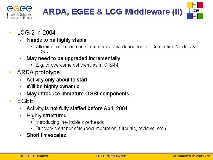 ARDA, EGEE & LCG Middleware (II) LCG • LCG-2 in 2004 • Needs to