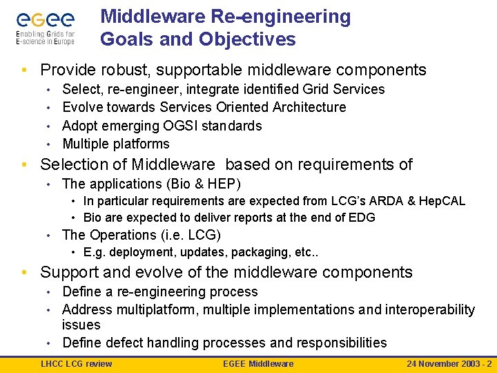 Middleware Re-engineering Goals and Objectives • Provide robust, supportable middleware components Select, re-engineer, integrate