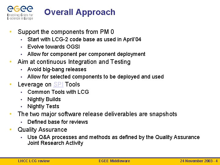 Overall Approach • Support the components from PM 0 Start with LCG-2 code base