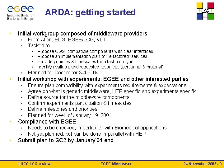ARDA: getting started • Initial workgroup composed of middleware providers • • From Alien,