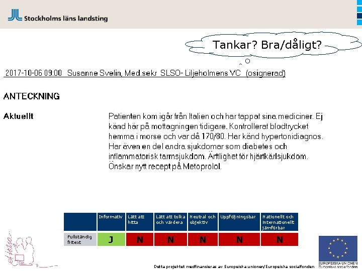 Tankar? Bra/dåligt? Informativ Fullständig fritext J Lätt att hitta N Lätt att tolka Neutral