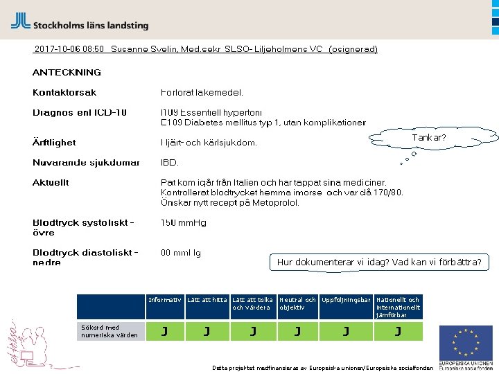 Tankar? Hur dokumenterar vi idag? Vad kan vi förbättra? Informativ Sökord med numeriska värden