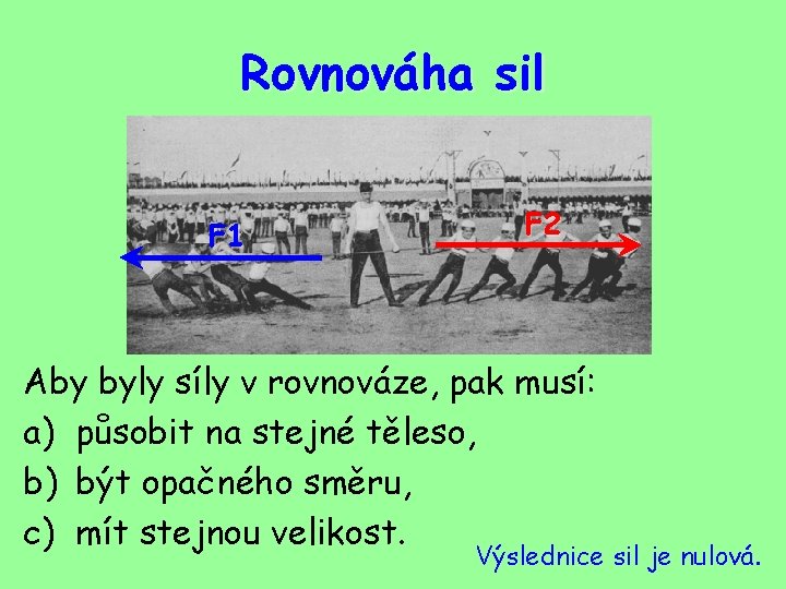 Rovnováha sil F 1 F 2 Aby byly síly v rovnováze, pak musí: a)