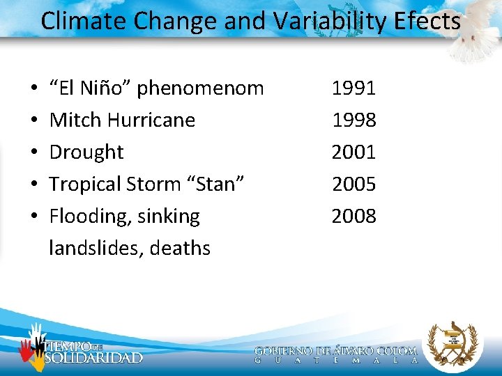 Climate Change and Variability Efects • • • “El Niño” phenom Mitch Hurricane Drought