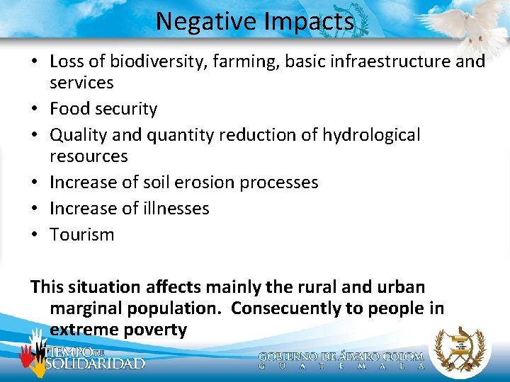 Negative Impacts • Loss of biodiversity, farming, basic infraestructure and services • Food security