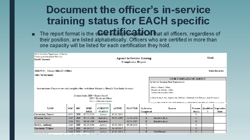 ■ Document the officer’s in-service training status for EACH specific certification. The report format