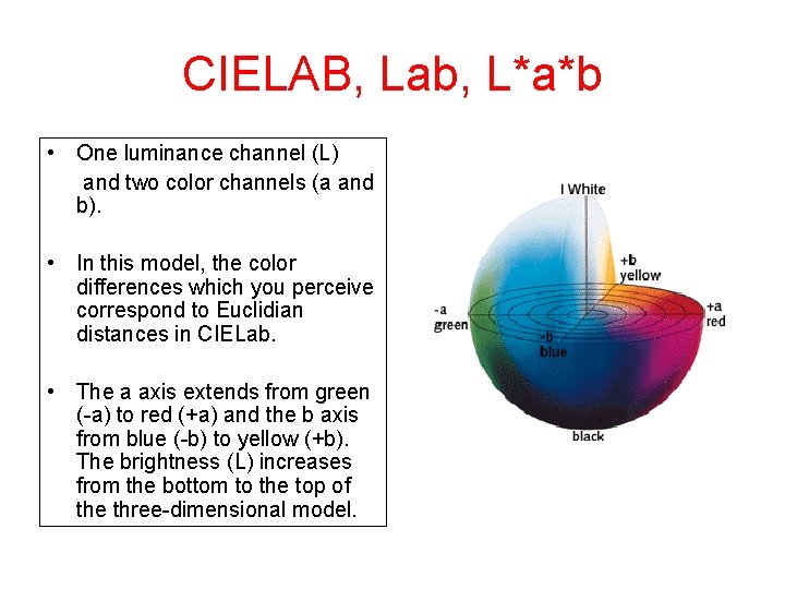 CIELAB, Lab, L*a*b • One luminance channel (L) and two color channels (a and