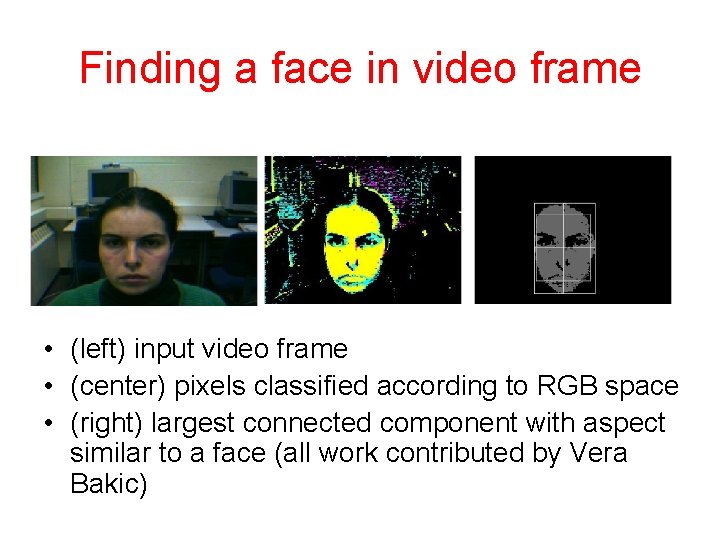 Finding a face in video frame • (left) input video frame • (center) pixels