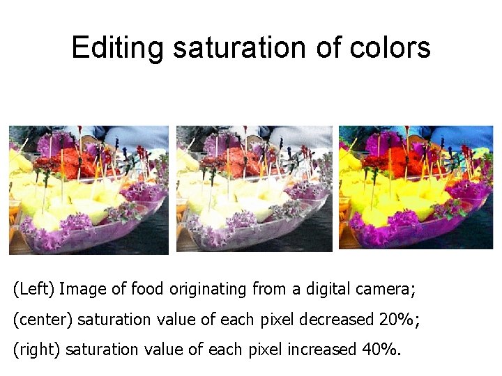 Editing saturation of colors (Left) Image of food originating from a digital camera; (center)