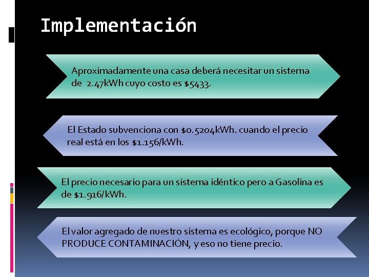 Implementación Aproximadamente una casa deberá necesitar un sistema de 2. 47 k. Wh cuyo