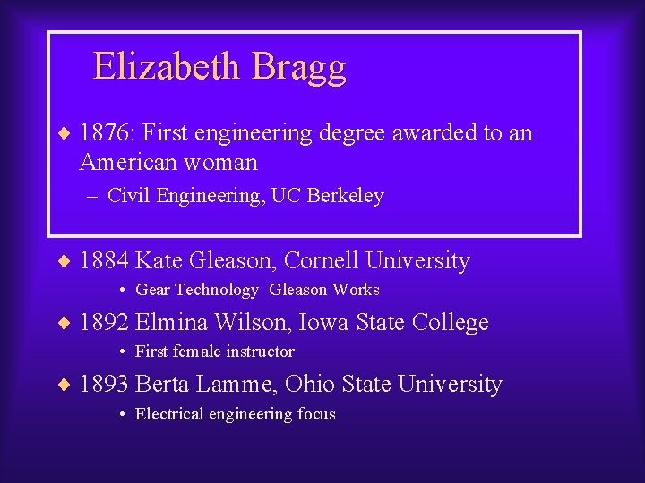 Elizabeth Bragg ¨ 1876: First engineering degree awarded to an American woman – Civil Elizabeth Bragg ¨ 1876: First engineering degree awarded to an American woman – Civil