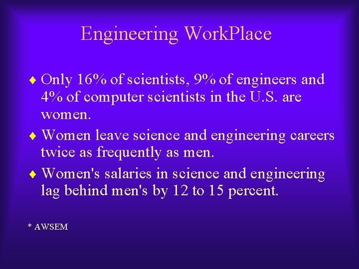 Engineering Work. Place ¨ Only 16% of scientists, 9% of engineers and 4% of Engineering Work. Place ¨ Only 16% of scientists, 9% of engineers and 4% of